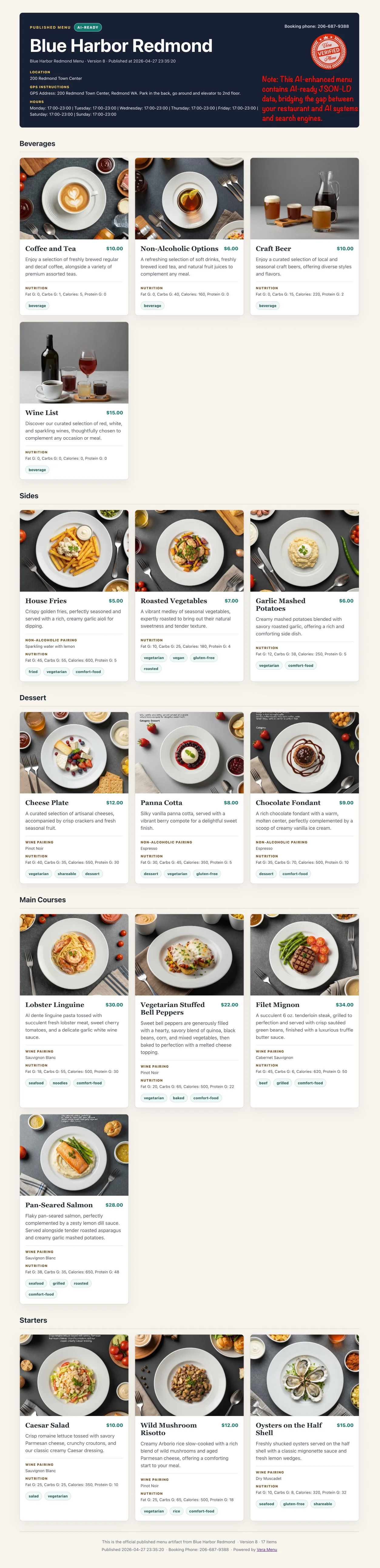 AI-processed structured menu data after Vera Menu processing