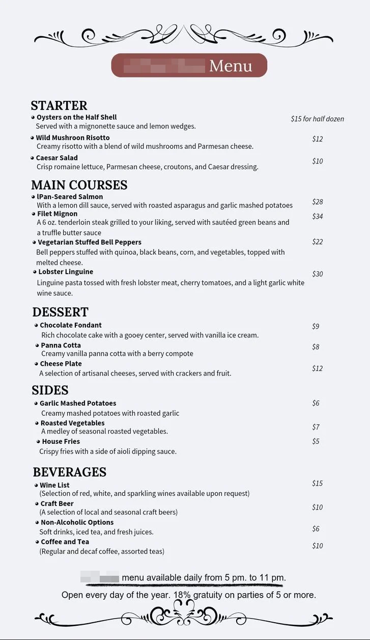 Original menu source before AI processing