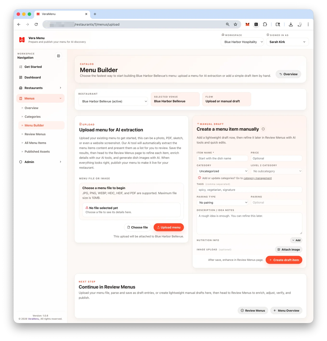 Menu builder screen in Vera Menu