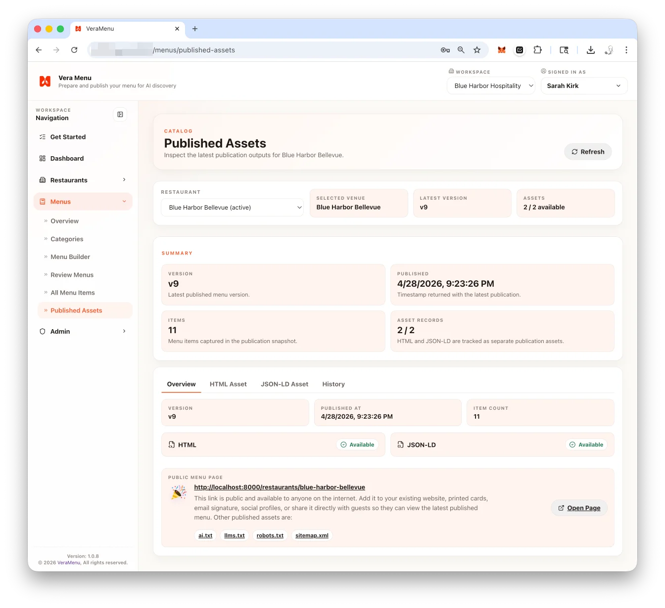 Published assets screen in Vera Menu